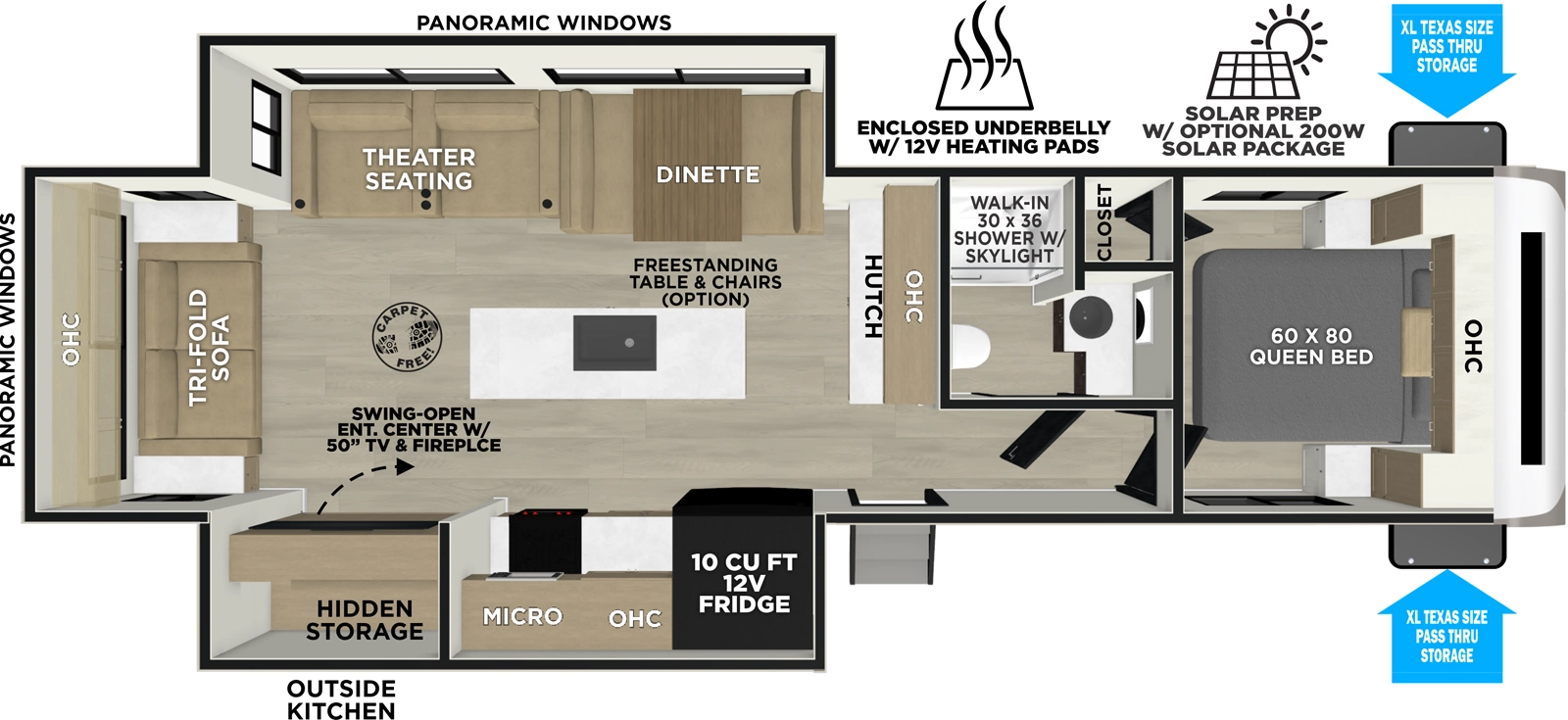 The Heritage Glen Travel Trailers 273RL - DSO floorplan has one entry and two slide outs. Exterior features include: fiberglass exterior, 20' awning and outside kitchen. Interiors features include: kitchen island, free-standing dinette option, front bedroom and rear living.